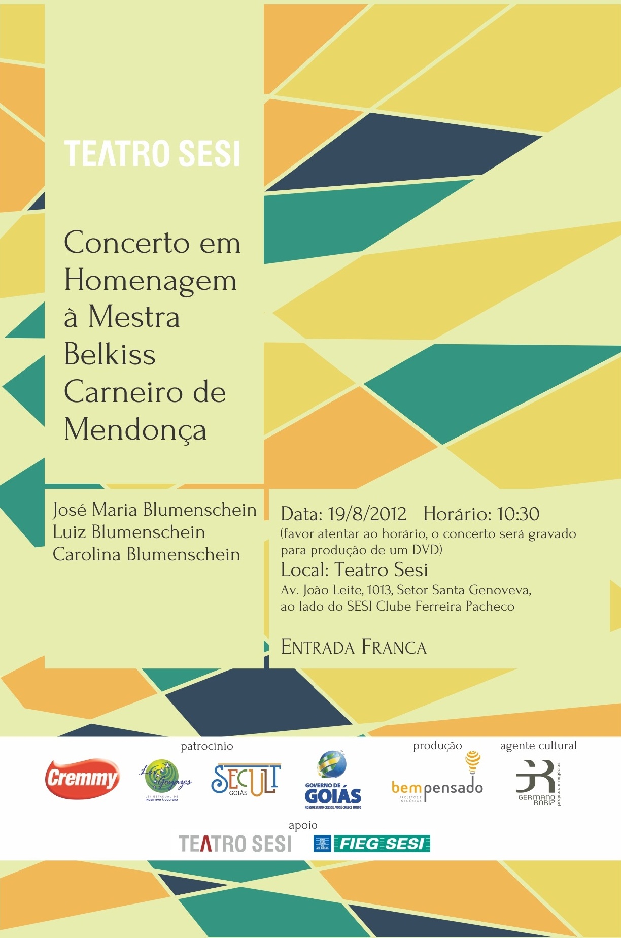 Concerto em Homenagem à Mestra Belkiss Carneiro de Mendonça Panfleto de divulgação do concerto