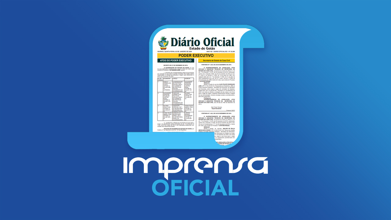 Imagem estilizada do Diário Oficial de Goiás, com a inscrição "Imprensa Oficial"