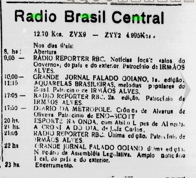 Reprodução da programação da Rádio Brasil Central no ano de 1951