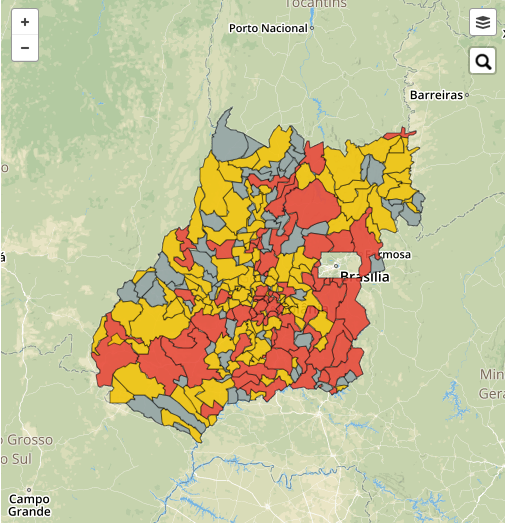 Imagem mostra mapa do Estado com divisão por municípios em diversas cores