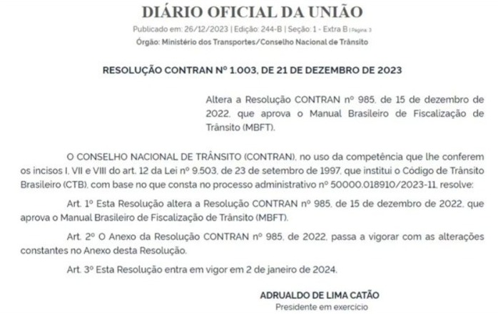 RESOLUÇÃO CONTRAN Nº 1.003, DE 21 DE DEZEMBRO DE 2023.
