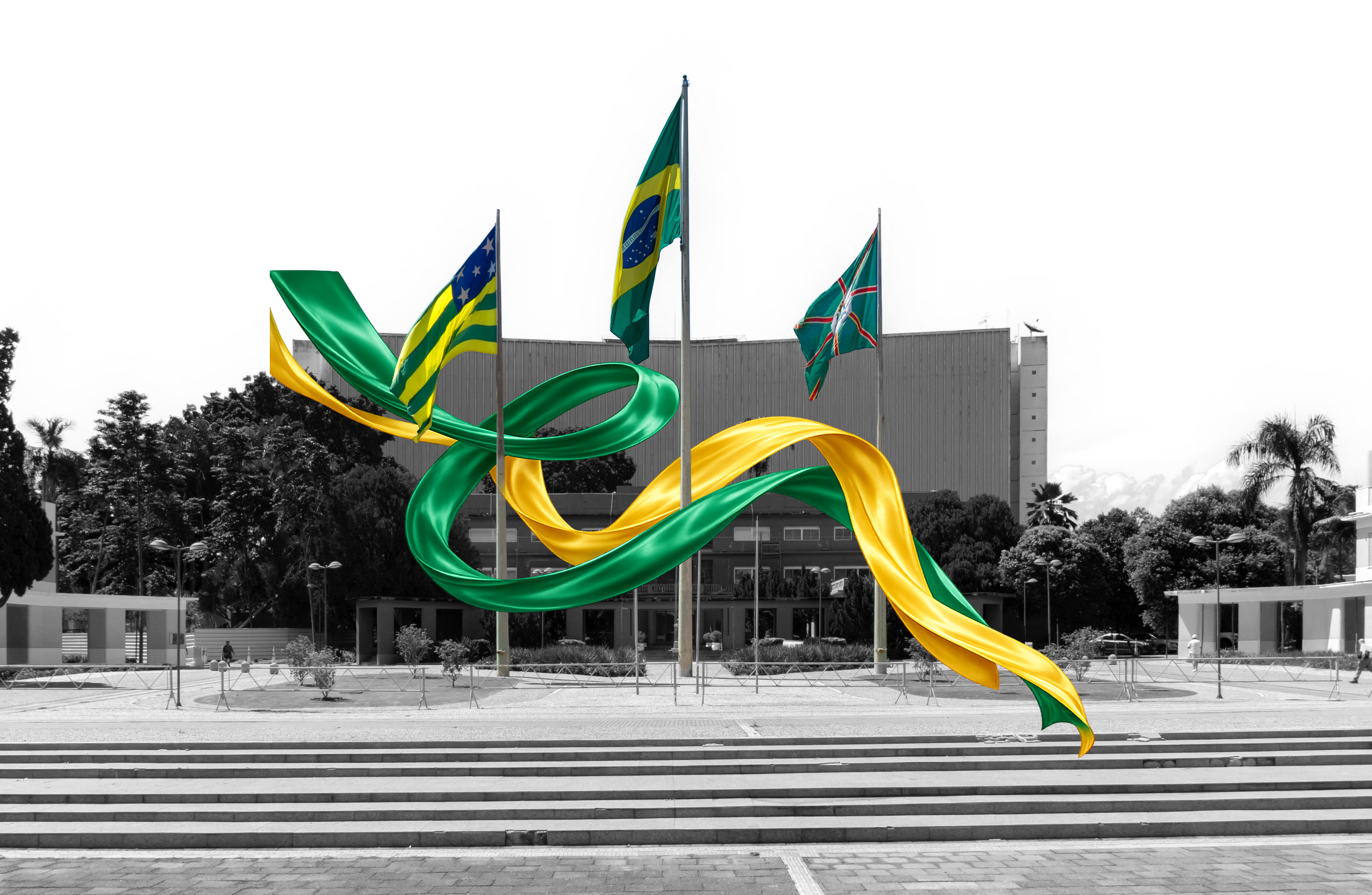 Intervenção gráfica com bandeiras em frente a edifício cultural