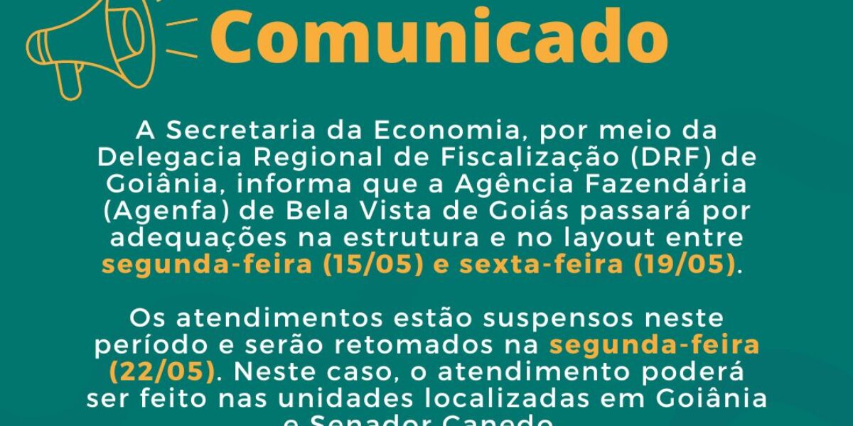 Agenfa de Bela Vista de Goiás suspende atendimento nesta semana