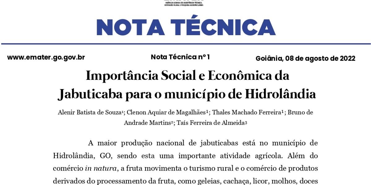 Nota Técnica 1 – Importância Social e Econômica da  Jabuticaba para o município de Hidrolândia