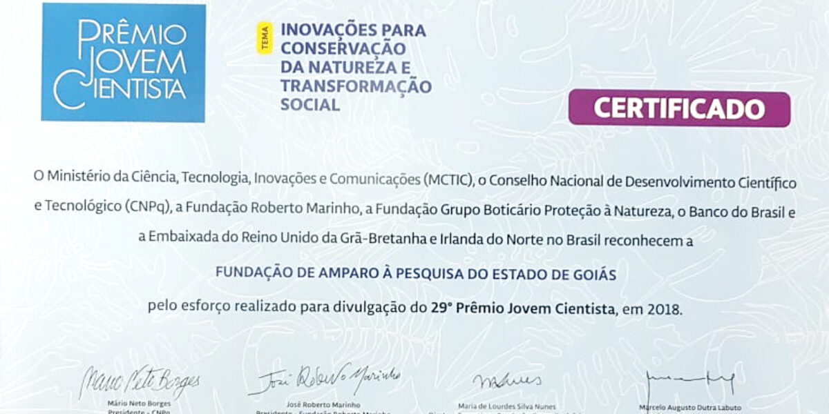 Fapeg recebe reconhecimento pela divulgação do Prêmio Jovem Cientista