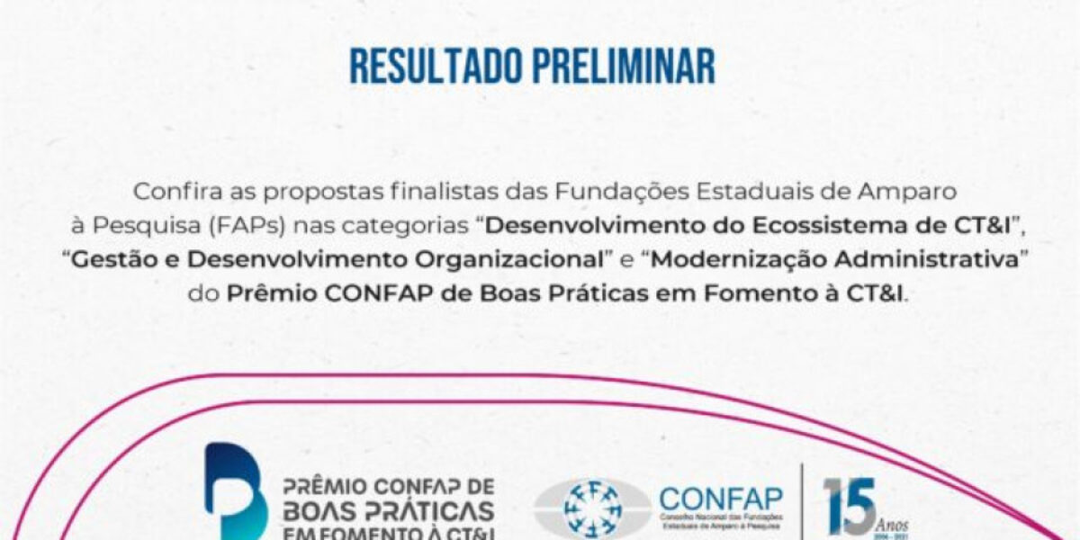 Disponível resultado preliminar das propostas finalistas do Prêmio Confap de Boas Práticas em Fomento à CT&I