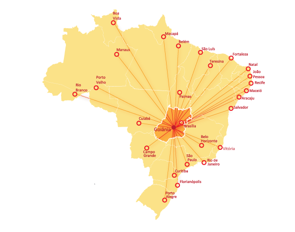 Mapa do Brasil com a relação de distância em Goiânia e as demais capitais brasileiras