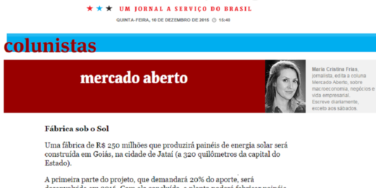 Instalação de empresa de energia solar em Goiás é destaque na Folha de São Paulo
