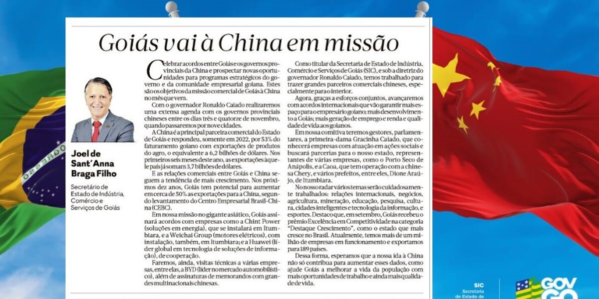 Em artigo no Jornal O Popular, Joel fala sobre missão comercial à China