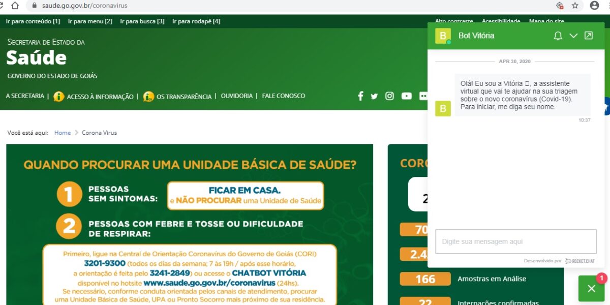 Governo de Goiás divulga atendimento virtual para pessoas com suspeita de sintomas da Covid-19