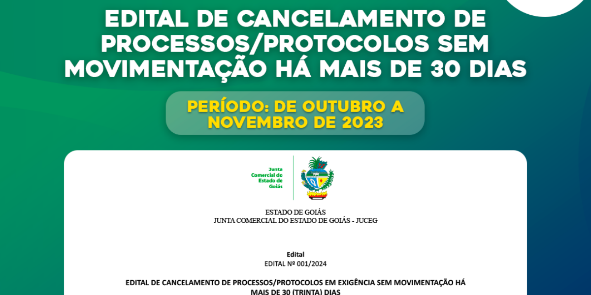 27/12 – Disponível o Edital de cancelamento de processos/protocolos sem movimentação há mais de 30 dias, referente aos meses de Setembro e Novembro.