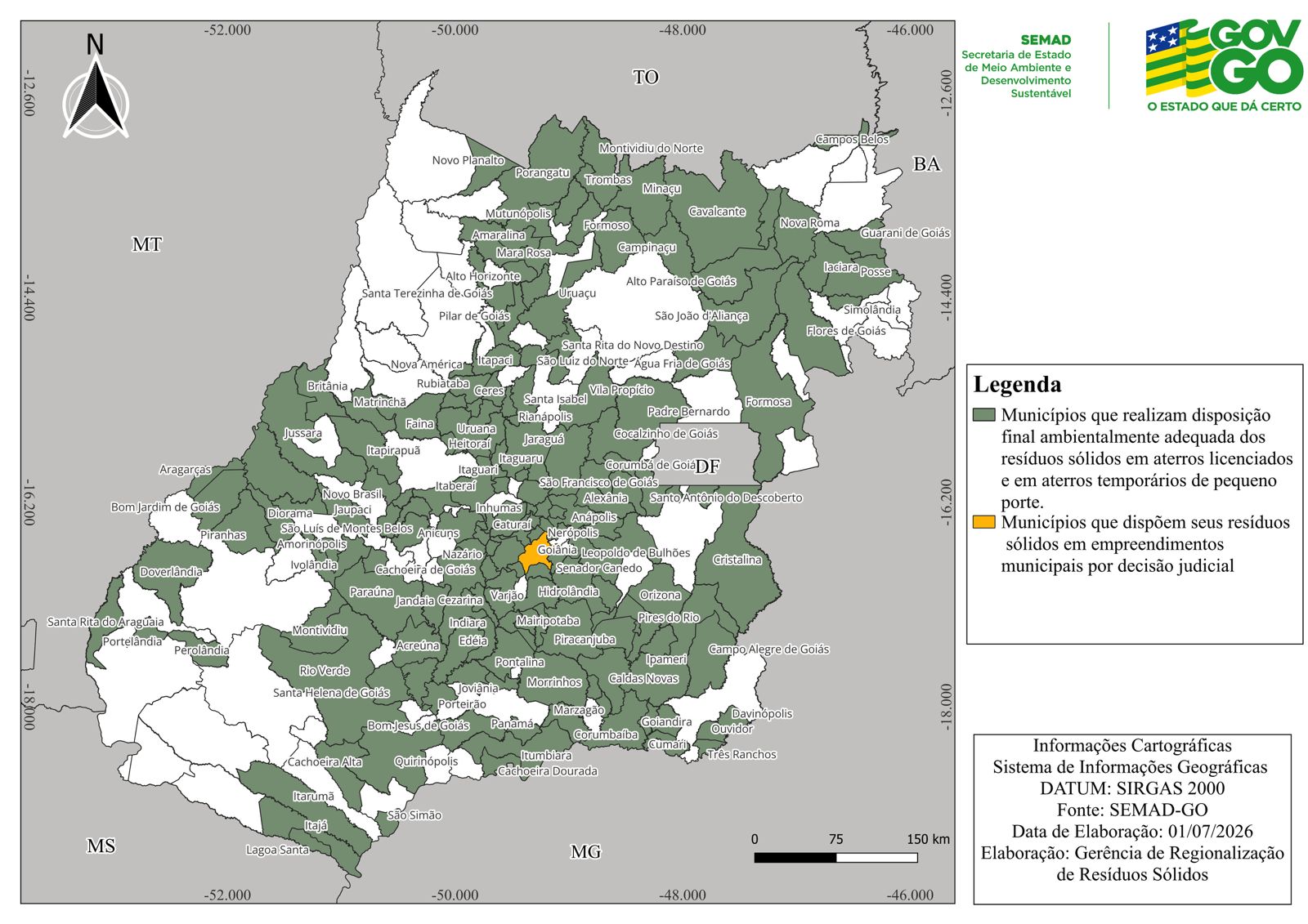 Mapa dos municípios com disposição adequada no estado de Goiás.