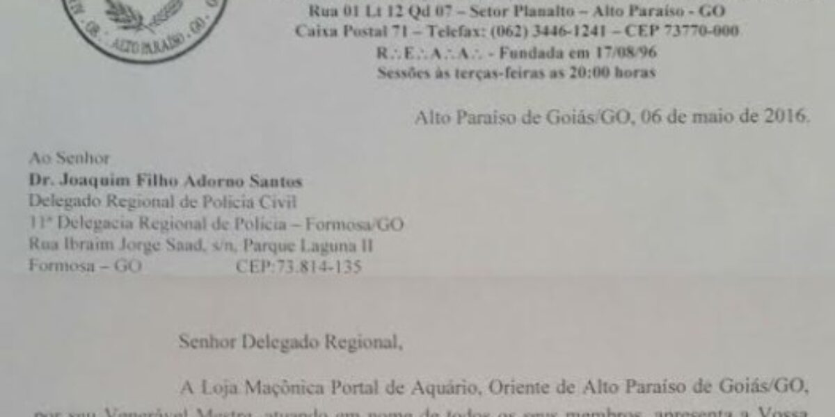 Loja maçônica expressa elogio à Polícia Civil de Alto Paraíso