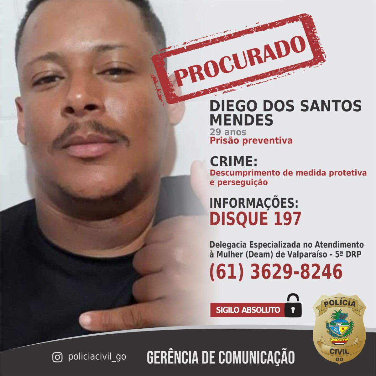 Operação Shamar: PCGO procura por investigado pelos crimes de perseguição e descumprimento de medida protetiva