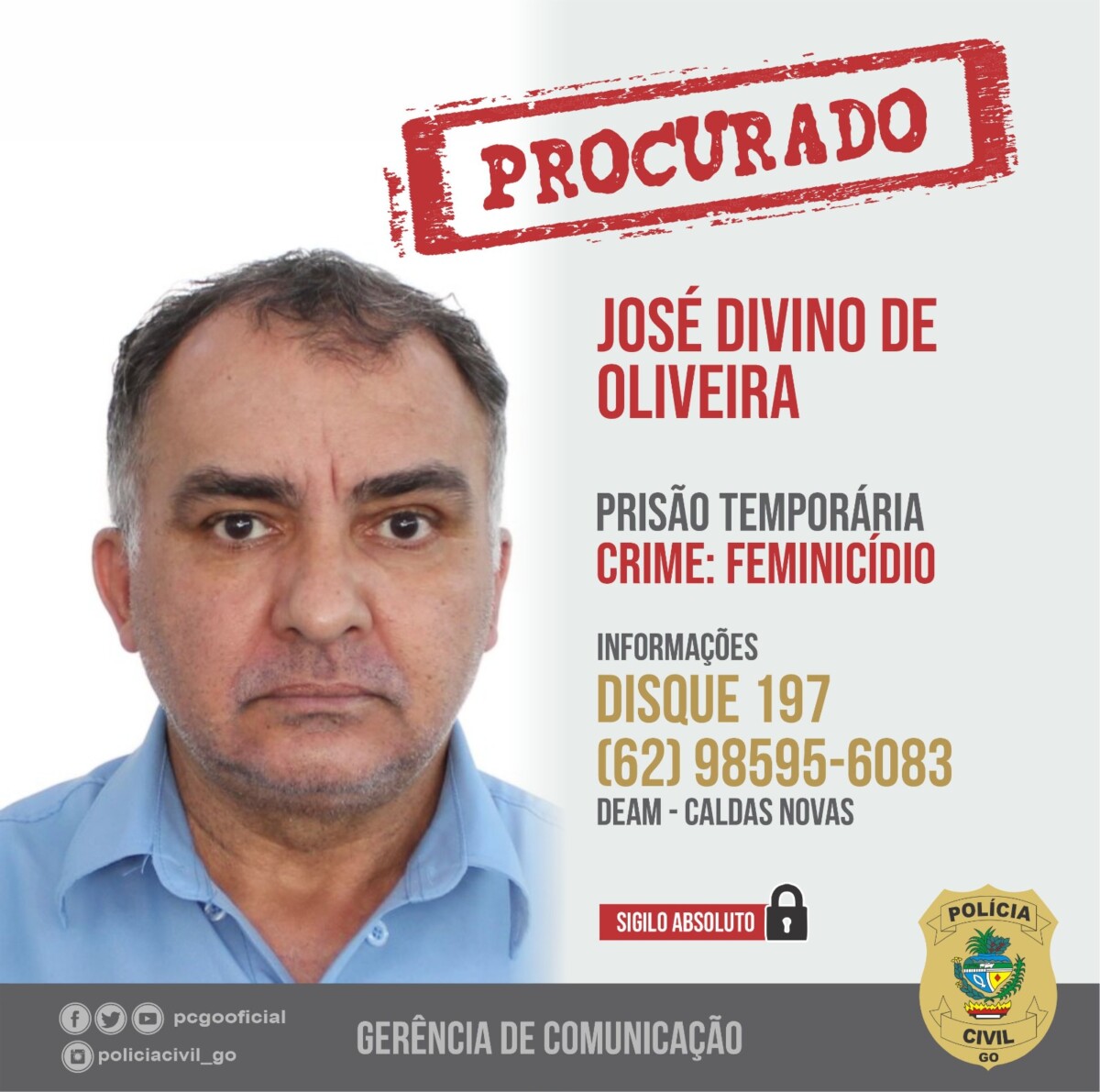 PCGO procura foragido por matar a ex-esposa em Caldas Novas