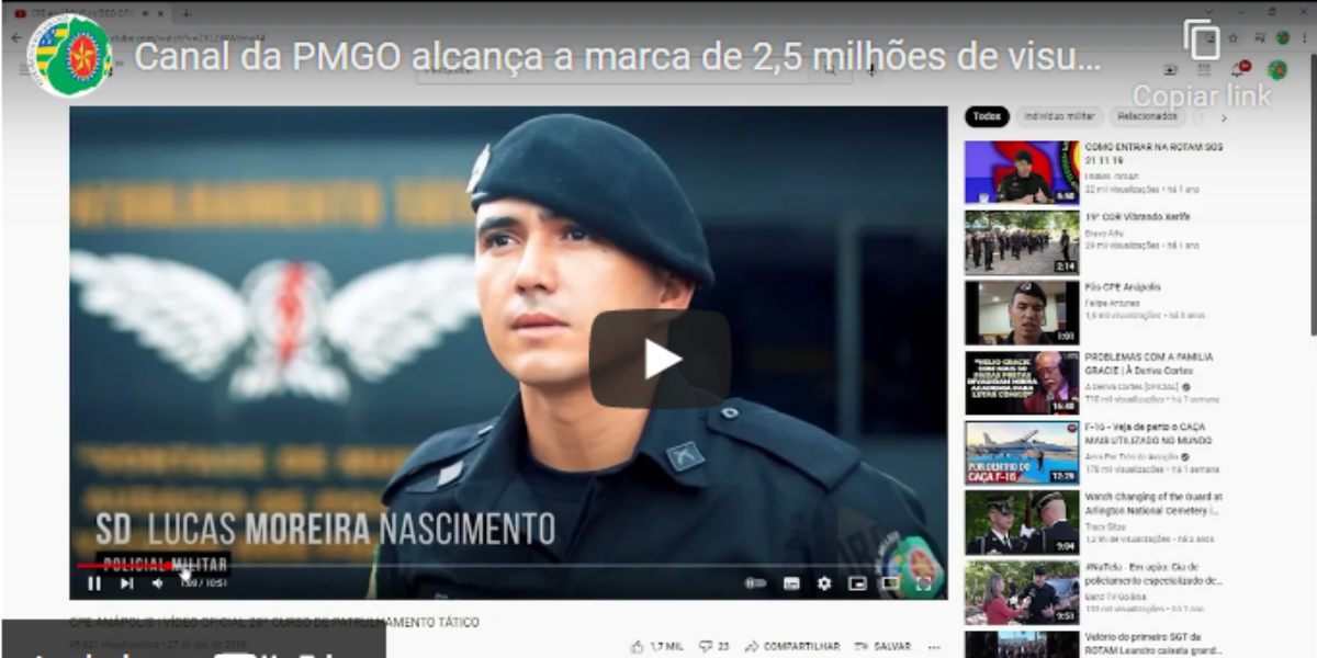 Canal da PMGO alcança a marca de 2,5 milhões de visualizações no YouTube