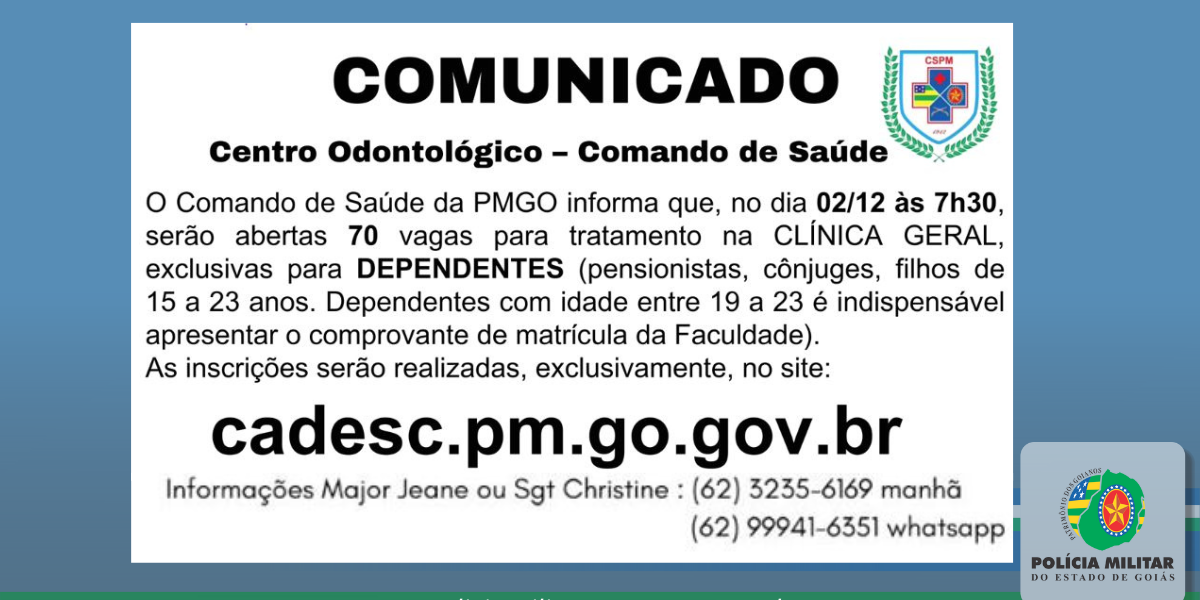 Comunicado – Centro odontológico – Comando de Saúde