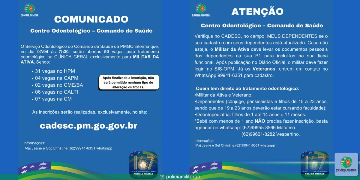 COMUNICADO – CENTRO ODONTOLÓGICO – COMANDO DE SAÚDE