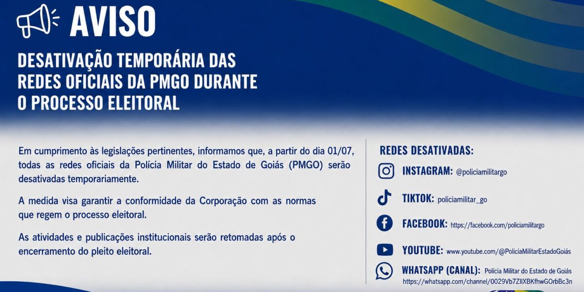 DESATIVAÇÃO TEMPORÁRIA DAS REDES OFICIAIS DA PMGO DURANTE O PERÍODO ELEITORAL