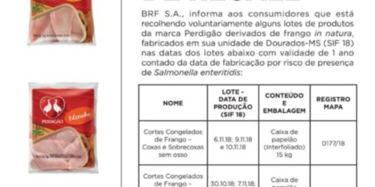 Procon Goiás informa sobre recall da BRF de produtos da Perdigão que podem conter Salmonella
