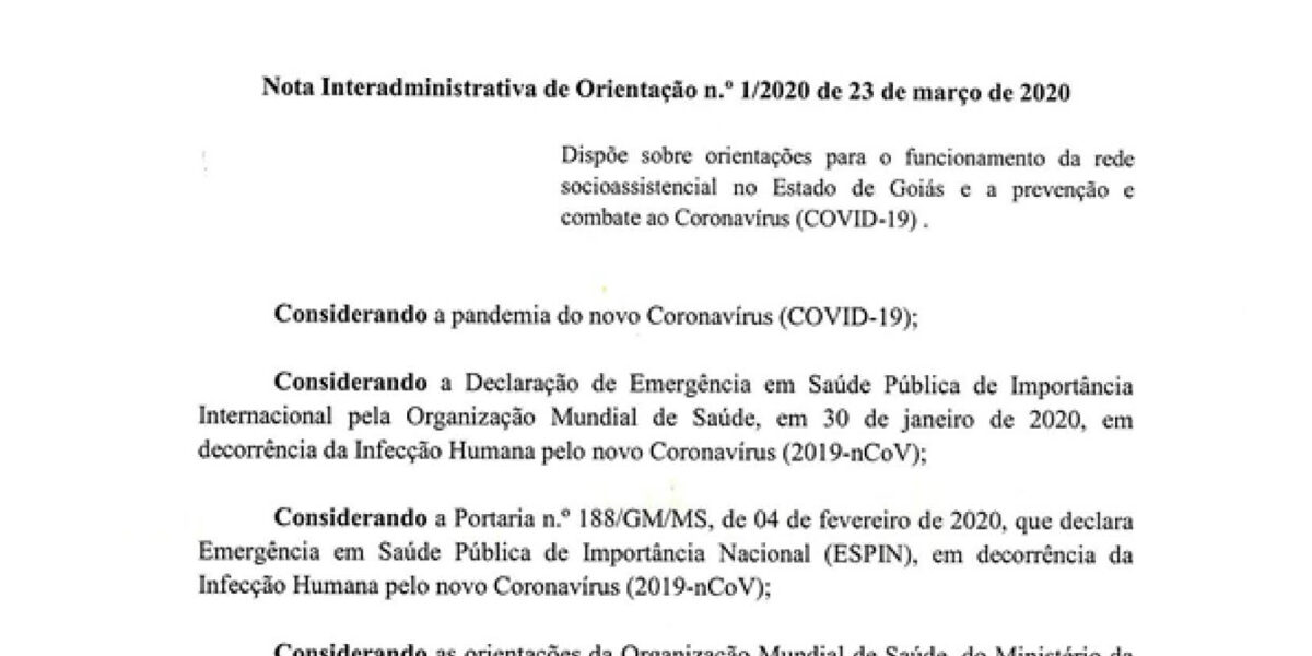 Nota de orientações para o funcionamento da rede socioassistencial em Goiás e a prevenção e combate ao coronavírus