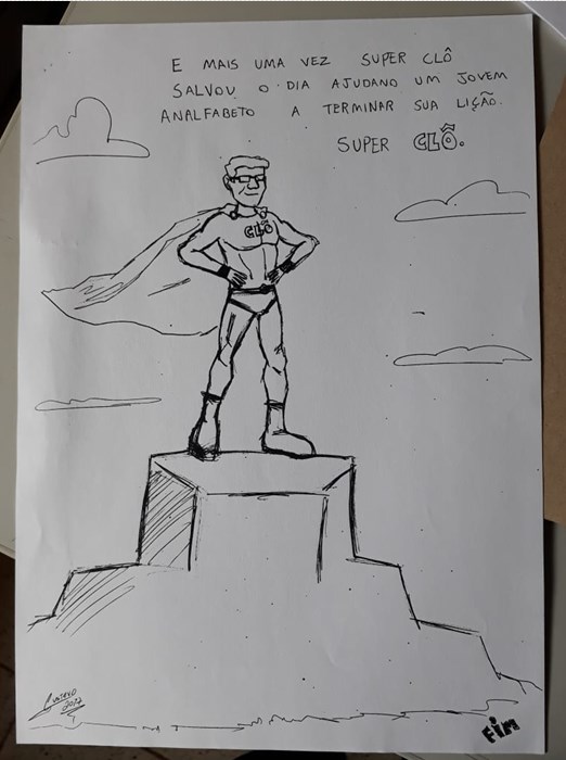 Desenho do estudante Gustavo Rodrigues Aires, que há dois anos produziu um gibi que impressionou e emocionou o professor pela história criada e qualidade dos desenhos. Nos quadrinhos, Gustavo fez de Clodoaldo (seu professor) um super herói.