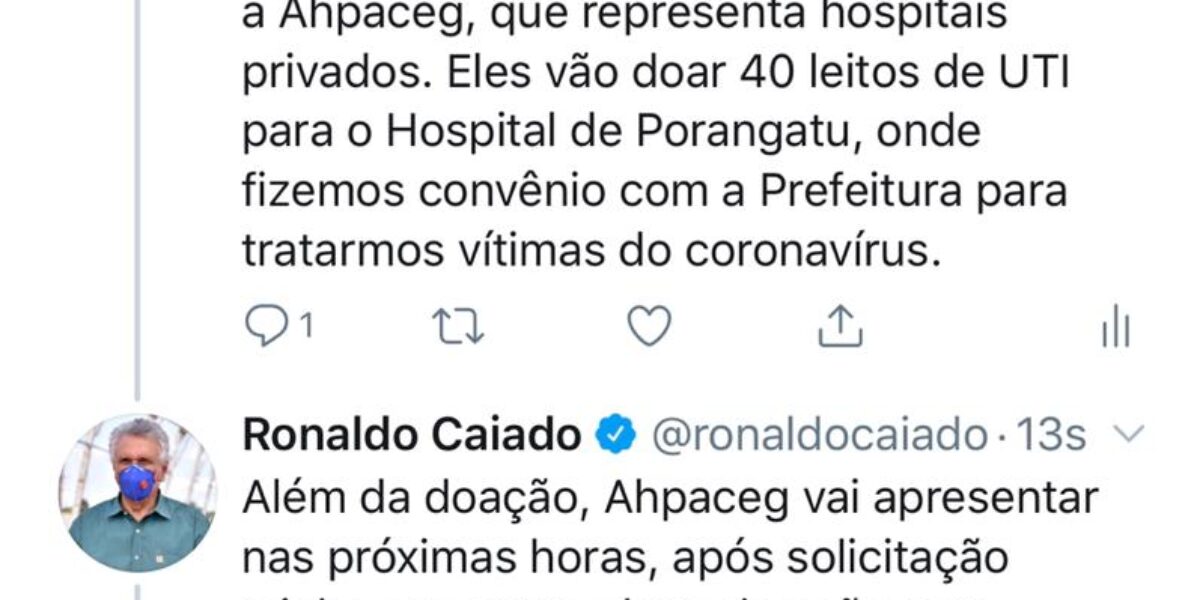 Caiado anuncia doação de 40 leitos de UTI pela Associação dos Hospitais