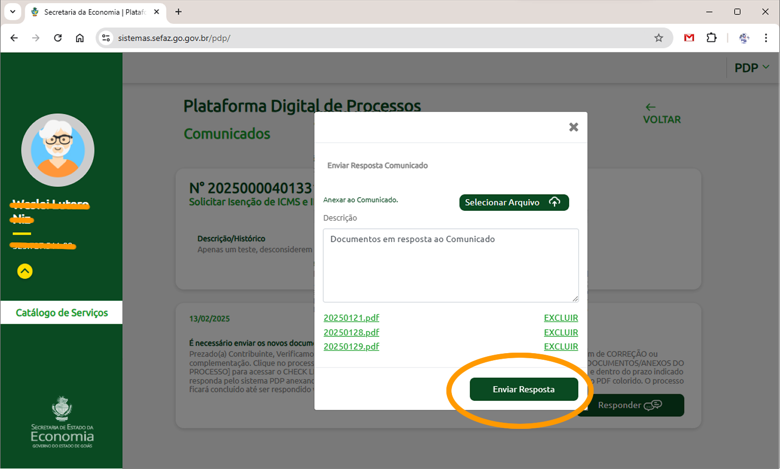 Resposta ao comunicado recebido