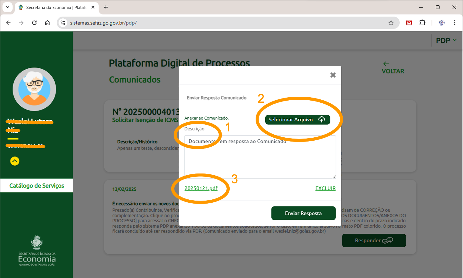 Resposta ao comunicado recebido