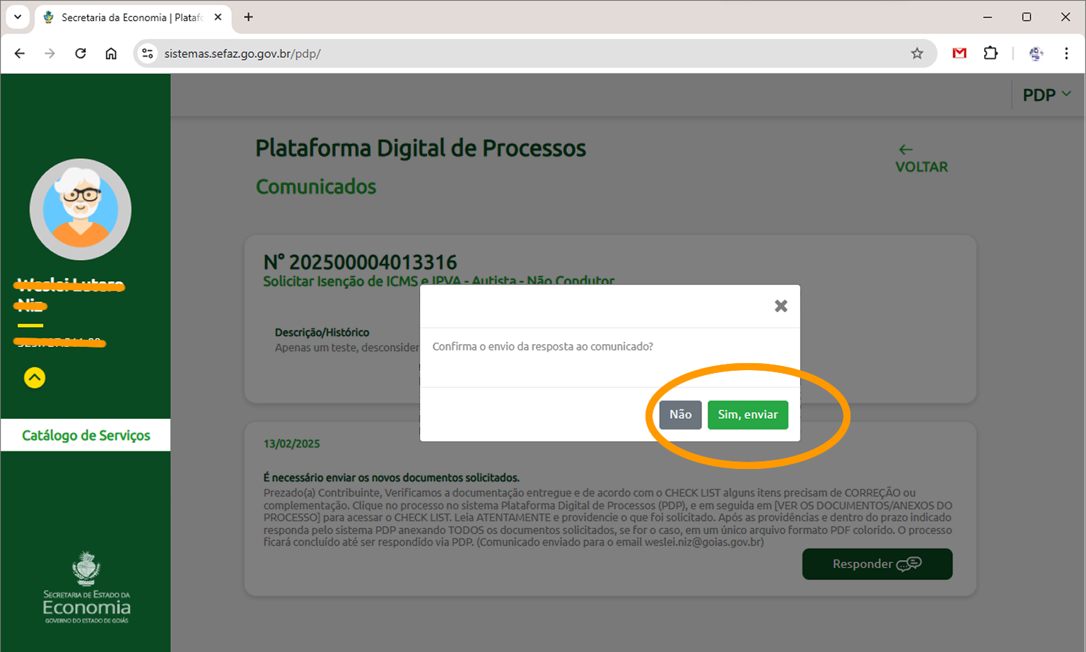 Resposta ao comunicado recebido