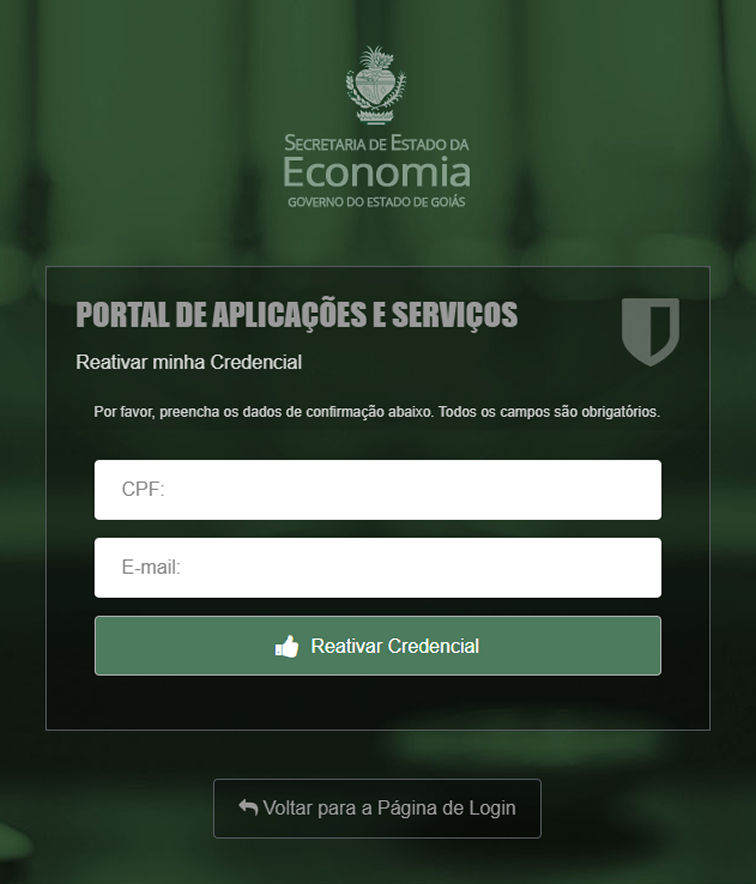 Tela de reativação de Credencial