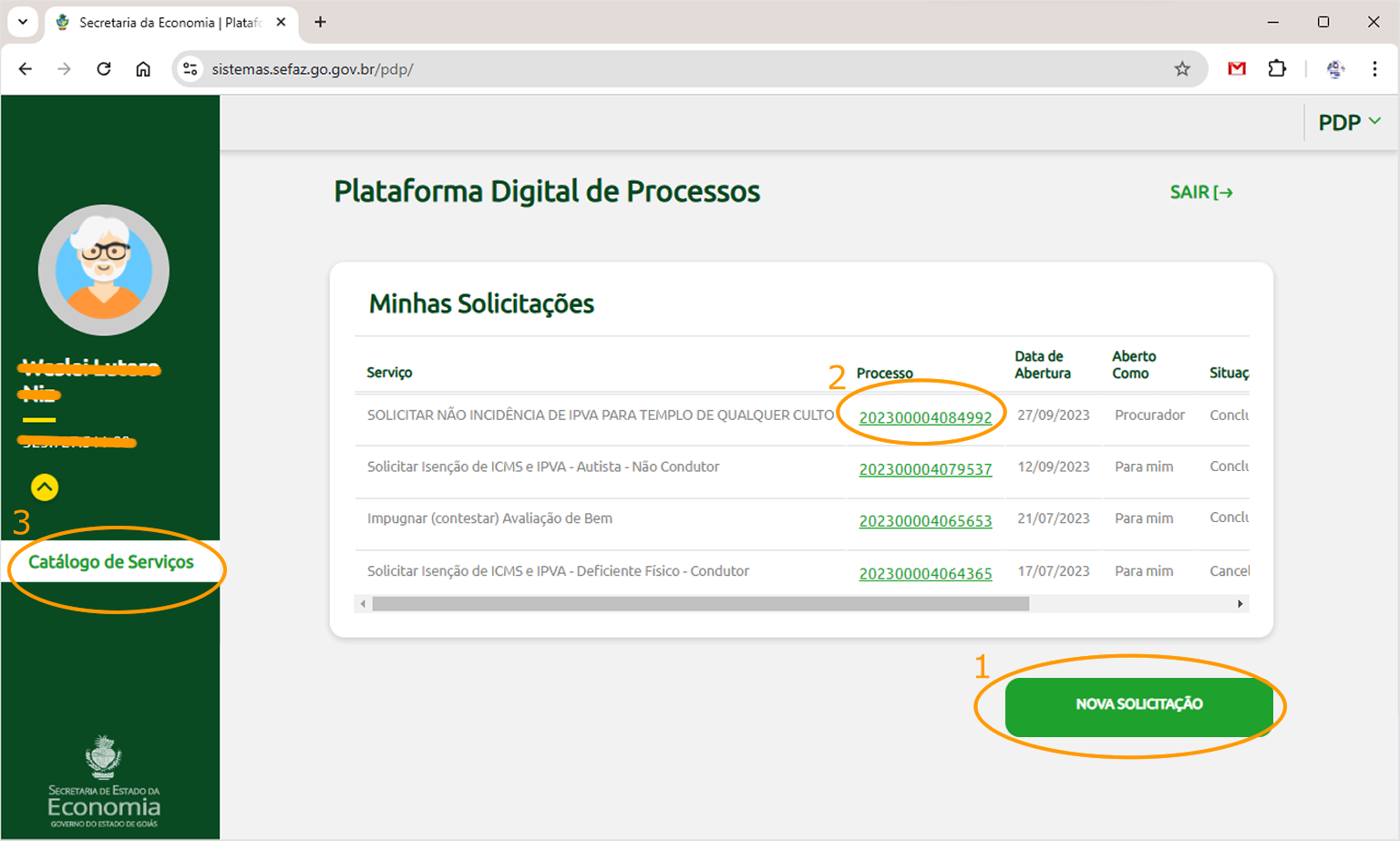 Tela do "Minhas Solicitações"