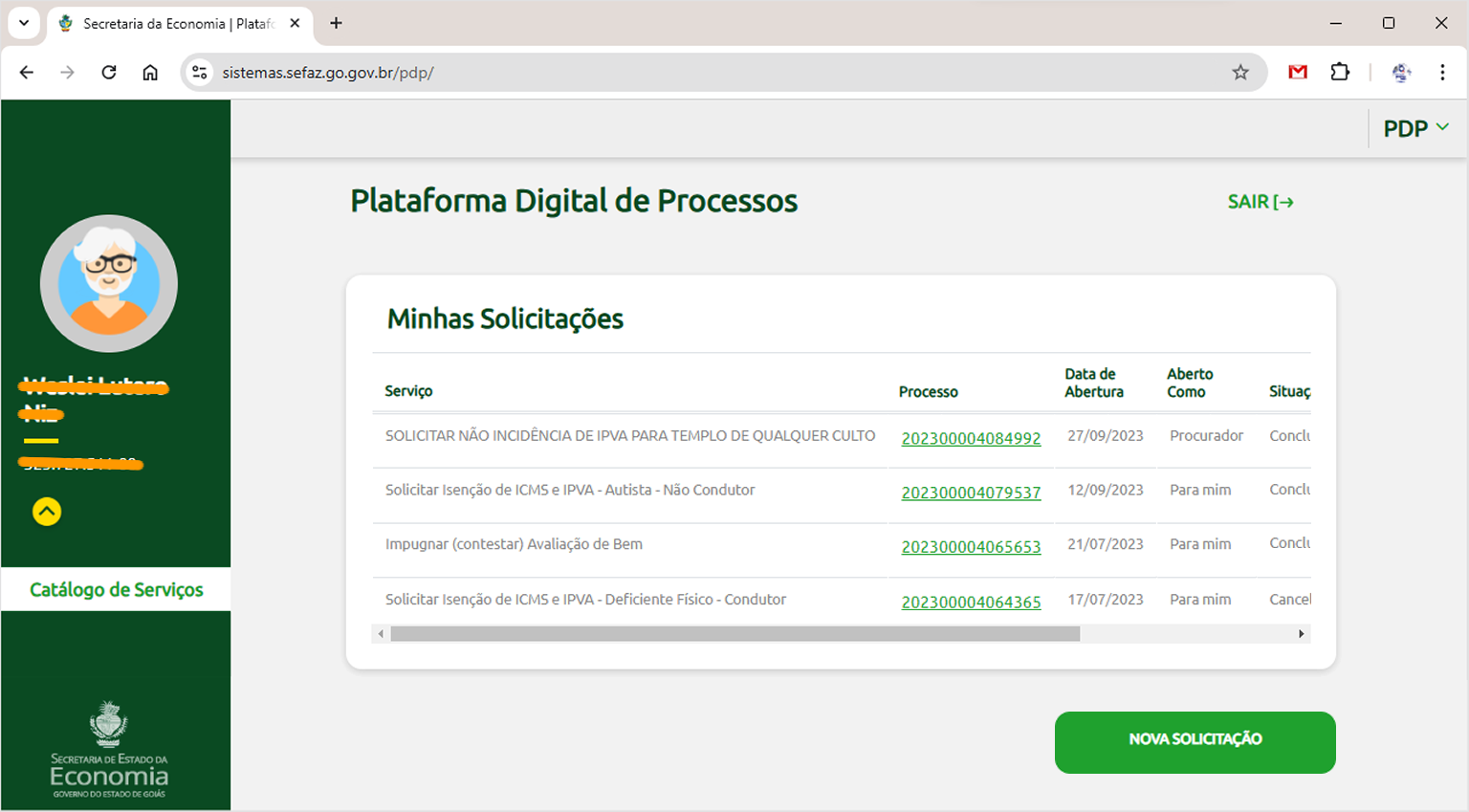Tela do "Minhas Solicitações"