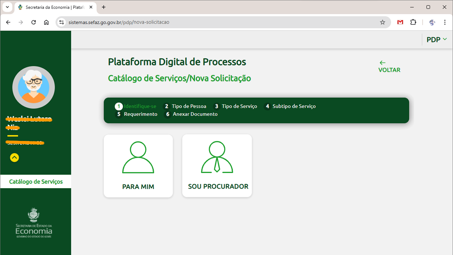 Iniciando uma "Nova Solicitação"