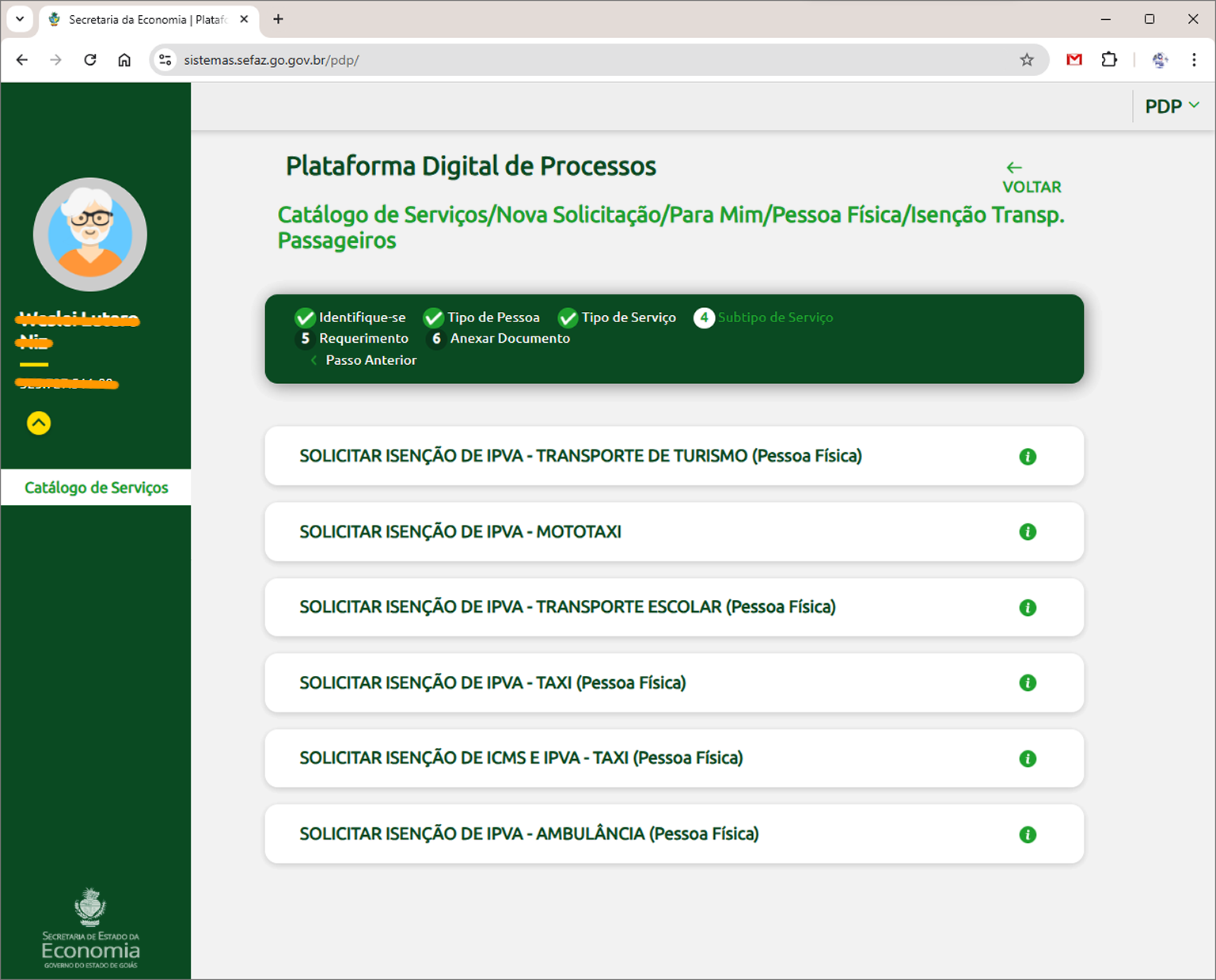 Selecione o serviço específico