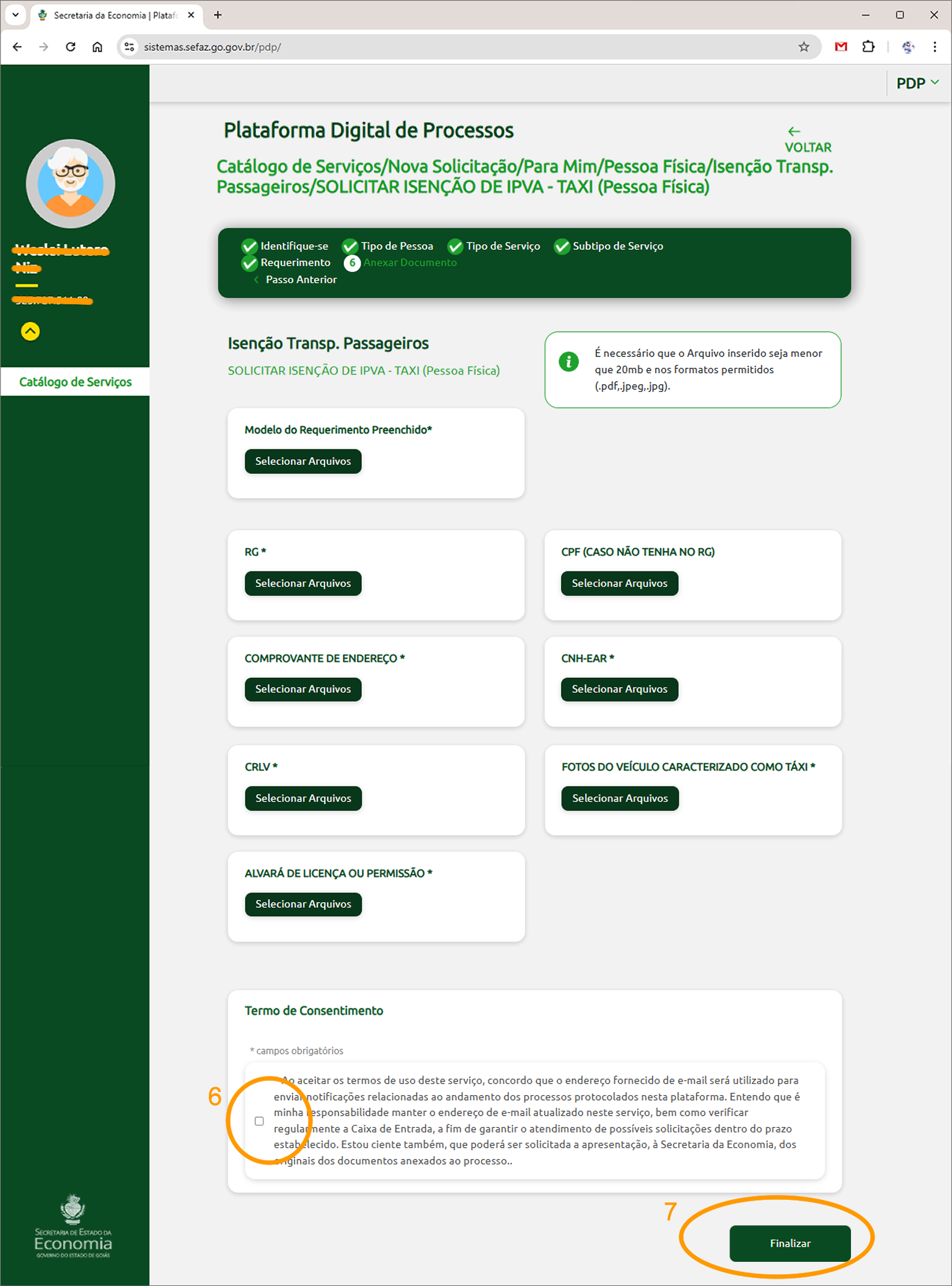 Inclua os Documentos necessários