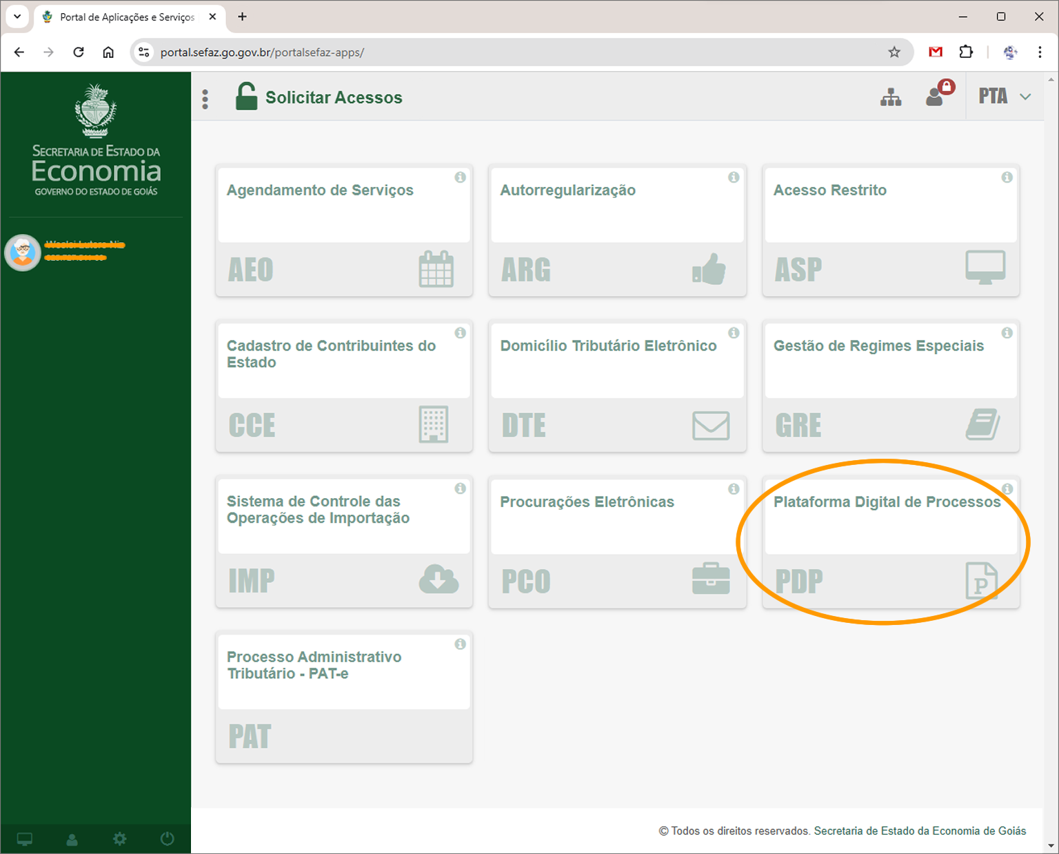 Tela do quadro de aplicações do Portal de Aplicações e Serviços