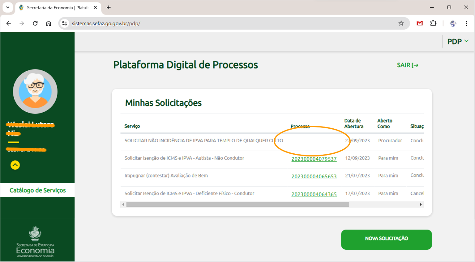Solicitação recente