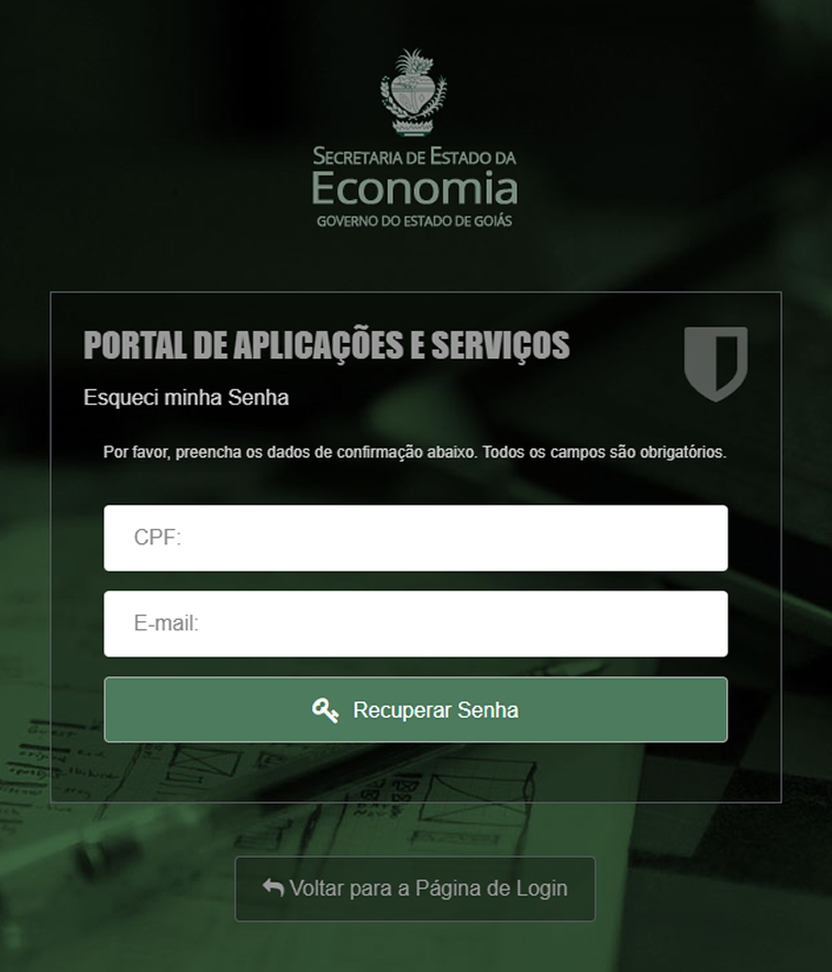 Tela de recuperação de Senha